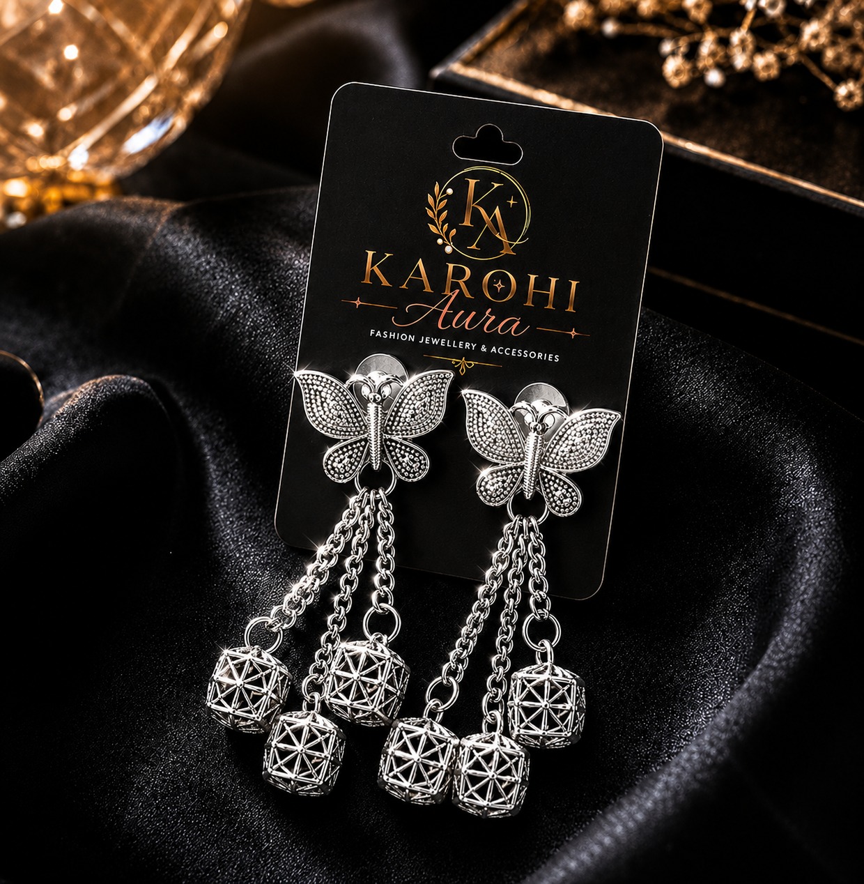 Oxidised Tassel Jhumka Earrings in Silver