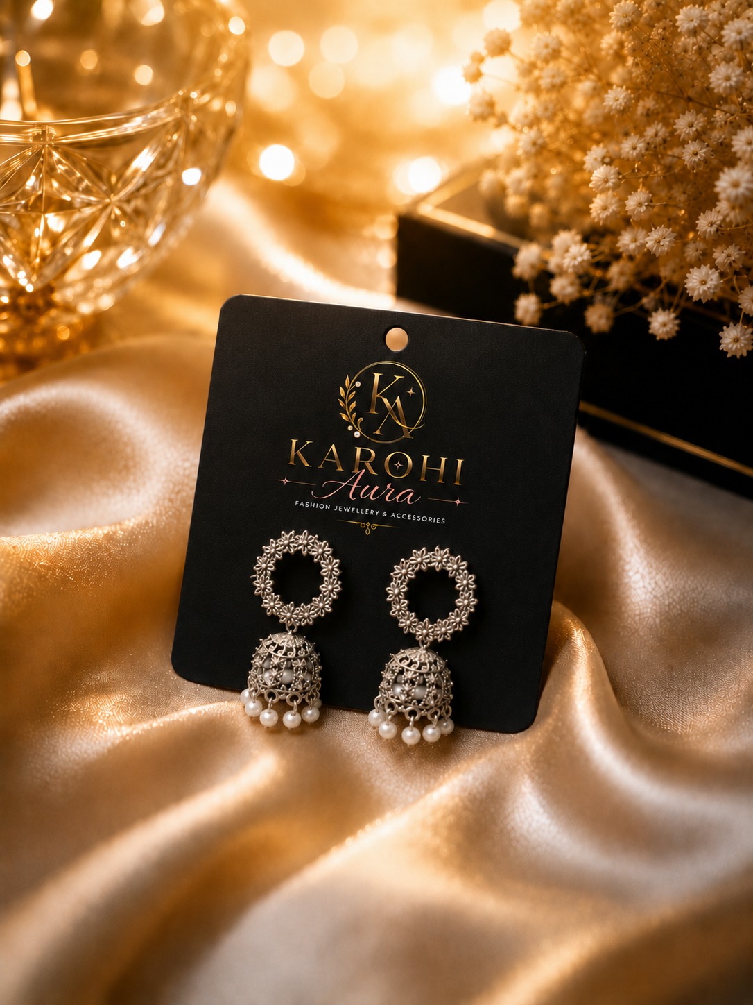 Oxidised Floral Chandbali Earrings in Silver