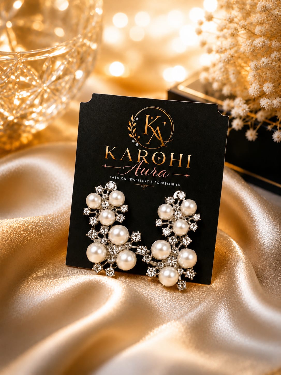 Luxury Pearl Crystal Floral Earrings in Silver & White