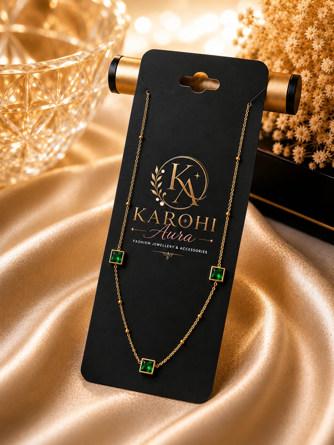 Emerald Station Necklace in Gold & Emerald Green