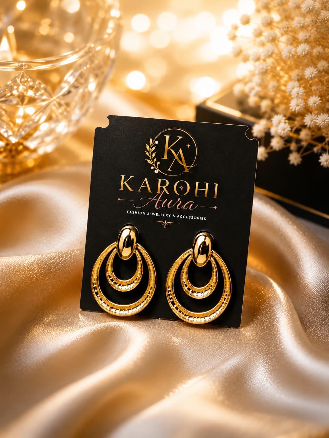 Triple Halo Drop Earrings in Gold
