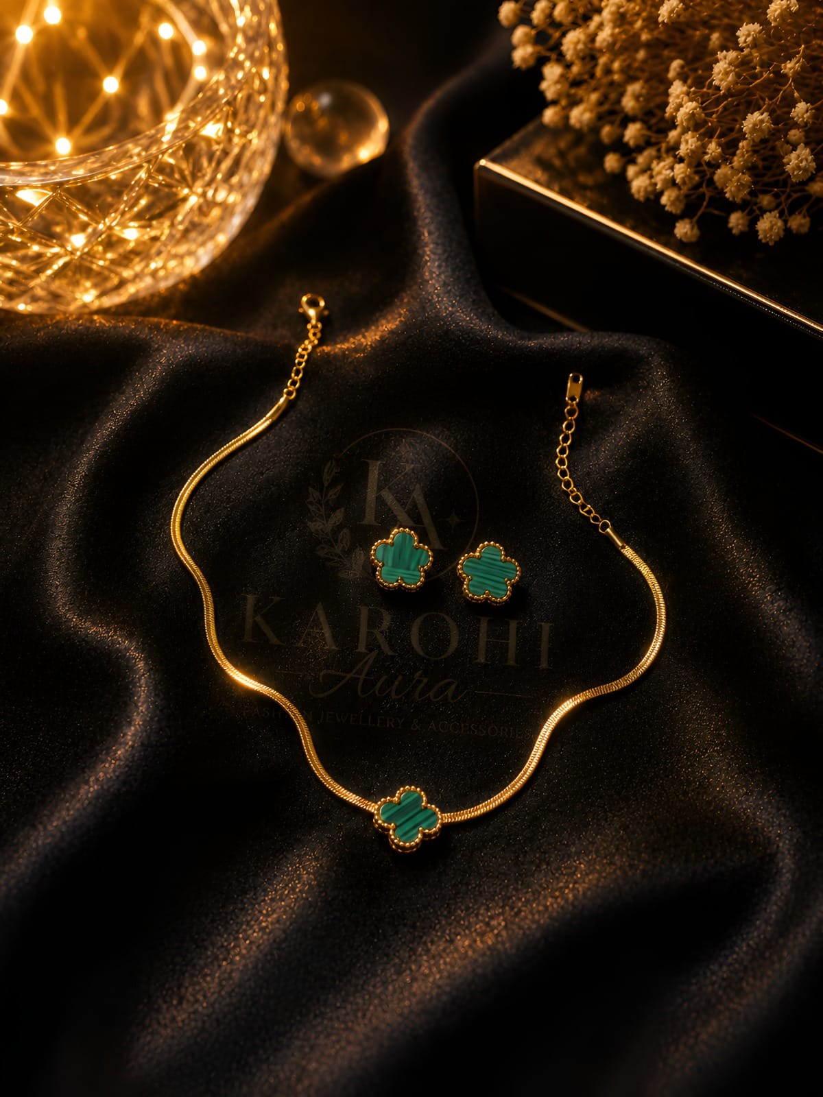 Clover Charm Jewellery Set in Gold & Green