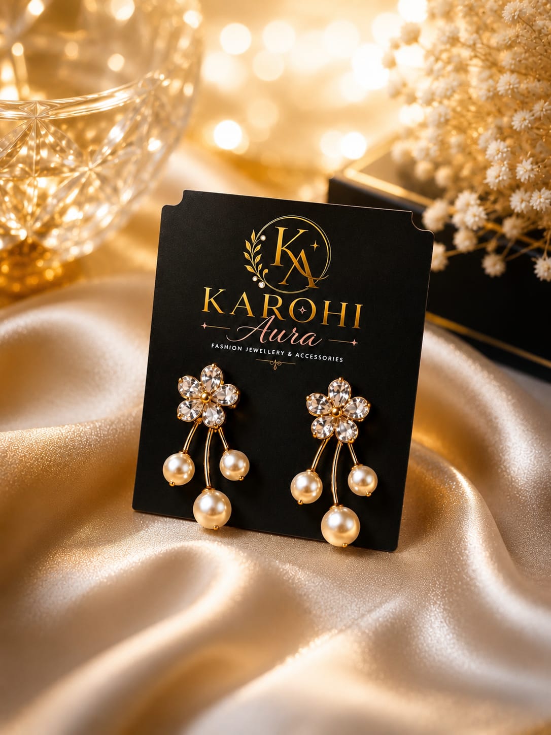 Crystal Flower Pearl Drop Earrings in Silver & White